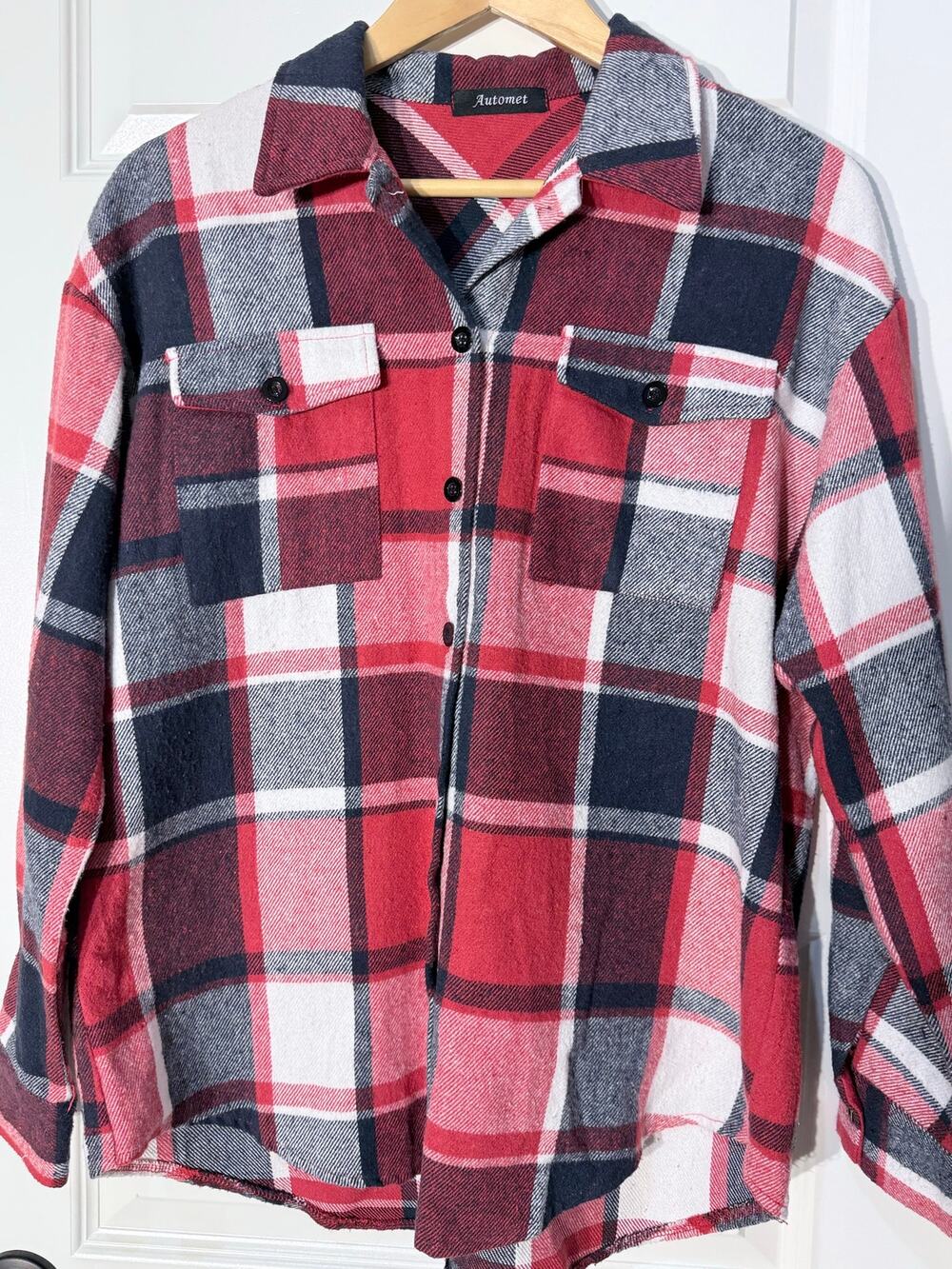 Automet Red/Navy/White Plaid Heavy Flannel Button-Down Shirt / Shacket, Size S